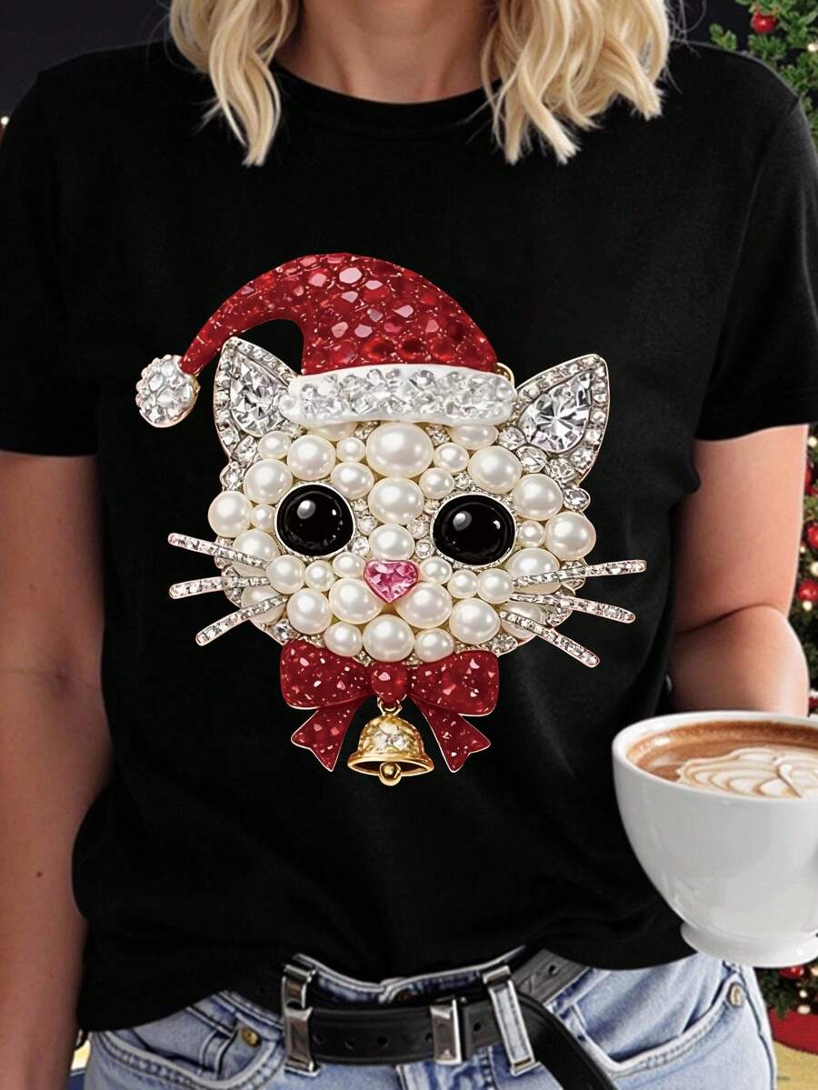 INAWLY Vacation,Spring,Resort Wear Spring Cat Print Short Sleeve T-Shirt - Black - View 1