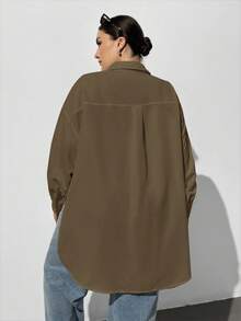 SHEIN Essnce Khaki Plus Size Women's Autumn Long-Sleeved Button-Down Shirt,Smart Casual Everyday Loose Oversize Tops,Old Money Style Work Blouses,High Side Slit - Coffee Brown - View 2