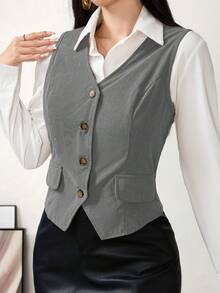 Modelyn 女士休闲通勤纯色无袖西装外套 - 淺灰色 - 查看 7