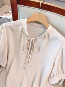 Vionelle Plus Tie Neck Puff Sleeve Blouse