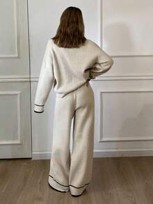 DAZY 女士休闲撞色针织毛衣和裤子两件套，秋冬 - 卡其色 - 查看 2