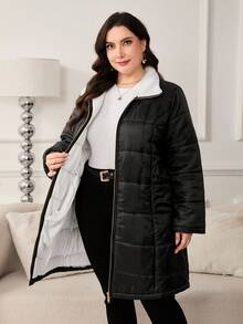 Ellevyn 女士加大码羽绒服，黑色条纹，带口袋，金属拉链，适合秋冬季节穿着。 - 黑色 - 查看 12