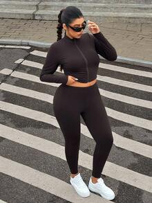 SHEIN EZwear Bộ đồ tập yoga 3 món cỡ lớn màu đen: Áo vest, áo khoác và quần, co giãn và nhẹ - màu nâu - Xem 6