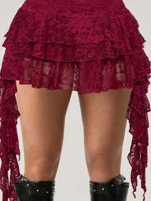 SHEIN ICON Low Waist Vacation Style Casual Sexy White Lace Ruffle Hem Mini Skirt With Safety Shorts To Prevent Upskirt - Burgundy - View 7