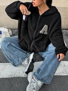 SHEIN EZwear Áo khoác nỉ có mũ trùm đầu họa tiết chữ cái cỡ lớn dành cho nữ, mùa thu/đông - màu đen - Xem 5