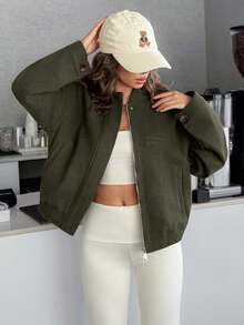 EURMUSE Women's Cropped Bomber Jacket With Elastic Hem And Minimalist Design, Stylish And Versatile Outerwea - Army Green - View 1