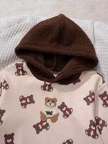 Cozy Pixies 2pcs Baby Boy Cartoon Bear Pattern Contrast Color Hooded Sweatshirt And Elastic Waist Pants Set - Khaki - View 8