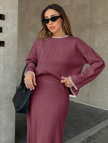 EURMUSE Women Solid Color Rib Knit Handmade Stitch Detailed Sweater & Sweater Skirt Set - Dusty Pink - View 2