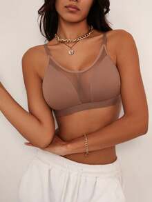 Women's Plain Apricot Casual Bralette With Slight Stretch And Contrast Mesh Detail - Apricot - View 5