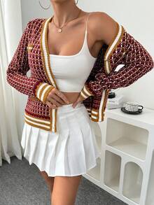 Elenzga 女式格子条纹长袖休闲针织开衫，秋冬 - 紅木色 - 查看 3