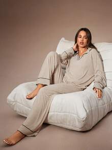 Lazeform Women's Autumn/Winter Turndown Collar Long Sleeve Contrast Trim Wide Leg Pants Pajama Set V Neck Lounge Wear Cozy Sets Women Knit Pajama Set Long Sleeve Lounge Set Lounge Wear Set - Khaki - View 7