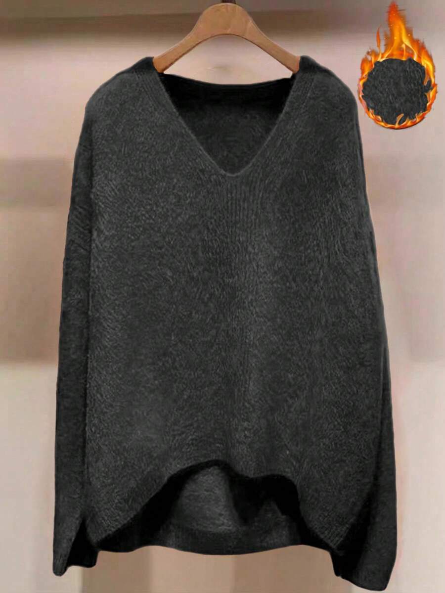 SHEIN LUNE Áo len dệt kim mềm mại cổ chữ V màu trơn cỡ lớn, mặc thường ngày, thu/đông - màu đen - Xem 1