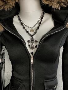 StreetHx 女士黑色保暖内衬束腰毛领夹克，Y2K 叛逆风，朋克摇滚风，修身舒适，适合万圣节，2000 年代街头服饰，长袖连帽修身款