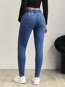 Flexra 中腰松紧腰拼接弹力紧身牛仔裤 - 深色水洗藍 - 查看 2