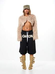 SUMWON WOMEN Quần short denim rộng thùng thình với họa tiết tương phản cho lễ hội đường phố mùa hè - màu đen - Xem 5