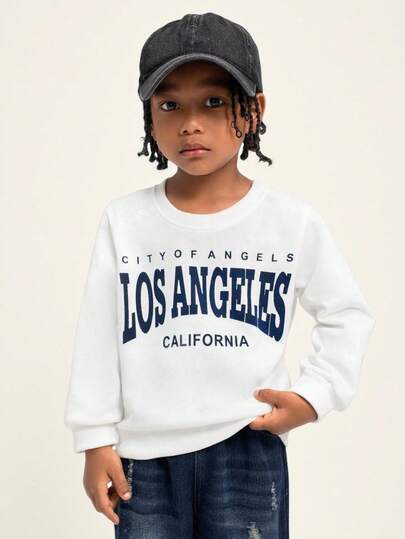SHEIN Casuvi Kids 2pcs/Set 4-7 Years Old Boys' Fashionable Unique Los Angeles Graphic Crew Neck Long Sleeve Sweatshirt And Vintage Washed Distressed Denim Pants, Suitable For Young Boys' Casual, Outing, Hanging Out With Friends In Spring And Autumn, Comfortable And Warm Fabric