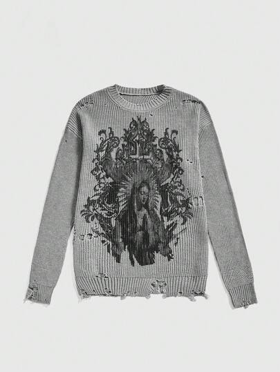 Grunge Punk Pull vintage imprimé sombre et délavé pour femmes, automne, modèle tricoté ample et oversize