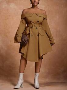 Slaydiva Robe asymétrique à épaules dénudées et double boutonnage pour femmes grandes tailles, couleur unie, robe kaki d'automne pour femmes, robe marron café, robe marron élégante pour femmes - Marron - Voir 14