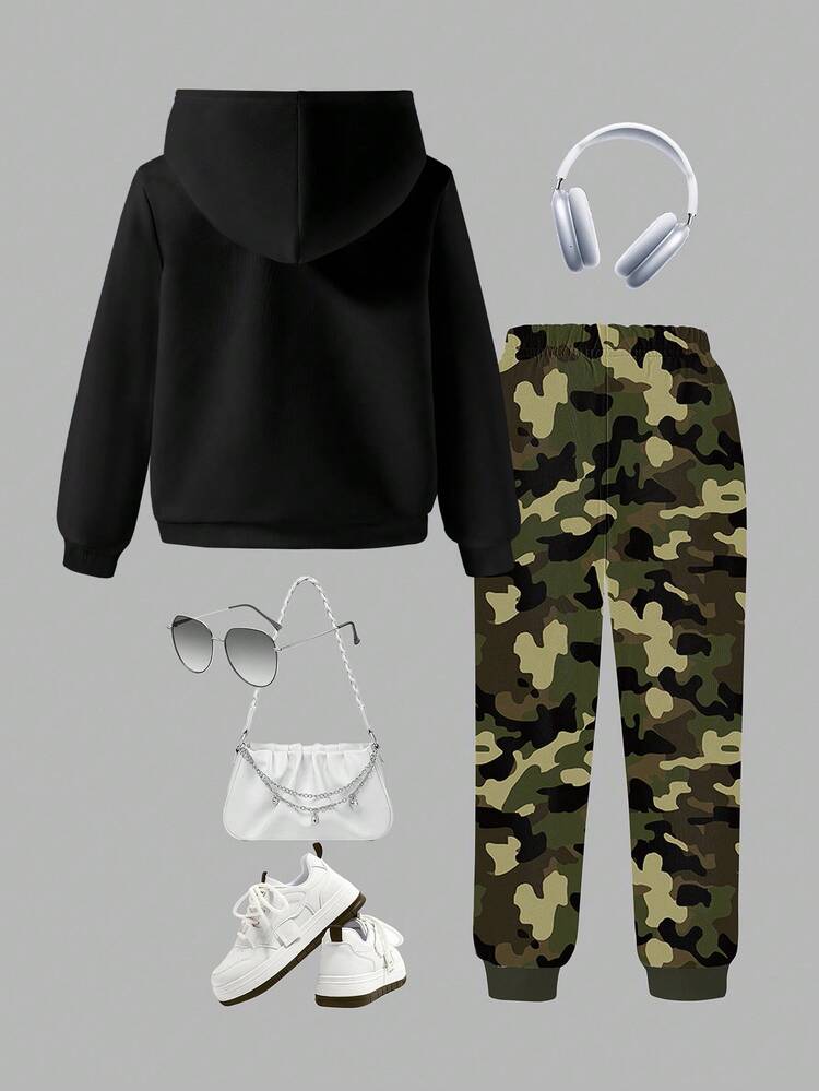 Bộ 2 món/Bộ áo hoodie và quần nỉ họa tiết gấu rằn ri thời trang thường ngày cho bé gái, thoải mái và nhẹ, thích hợp cho mùa thu/đông/xuân, tuyệt vời để mặc thường ngày, trở lại trường, hoạt động ngoài trời, làm quà tặng - trắng - Xem 2