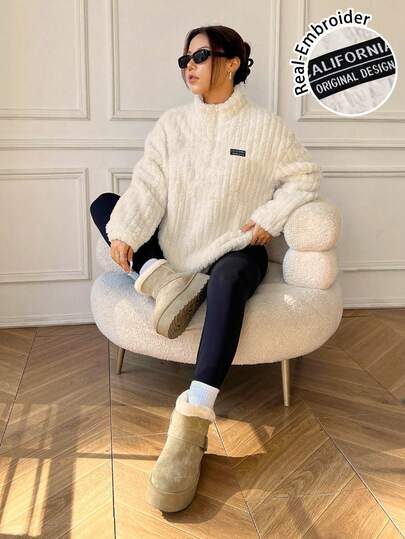 SHEIN EZwear 2pcs Casual Minimalist Style Sports Badge Zip-Up Wool Blend Hoodie & Leggings Set For Women, Suitable For Autumn/Winter Graphic