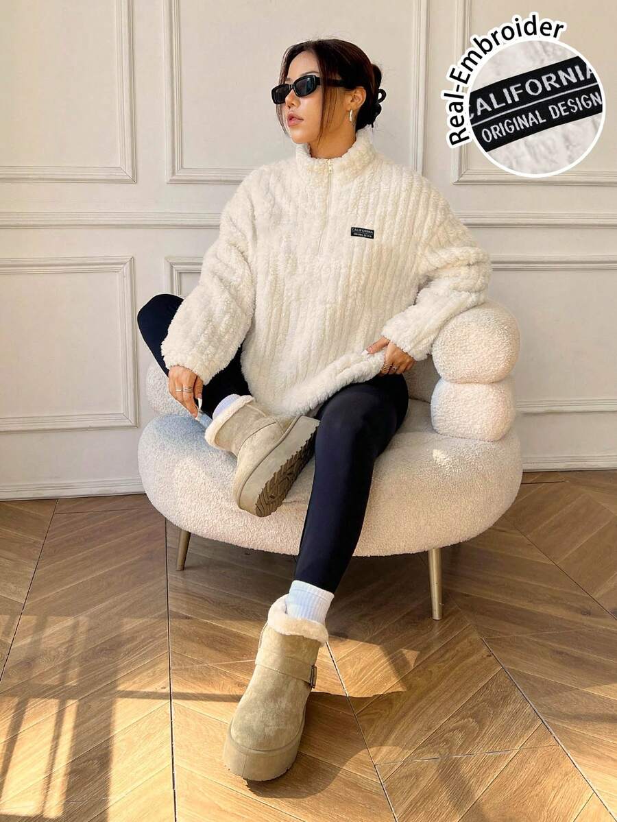 SHEIN EZwear 2 Stücke Sportlicher, minimalistischer Stil Abzeichen Reißverschluss Woll-Mischung Kapuzenpullover & Leggings Set für Damen, geeignet für Herbst/Winter - Aprikosenfarben - Übersicht 1