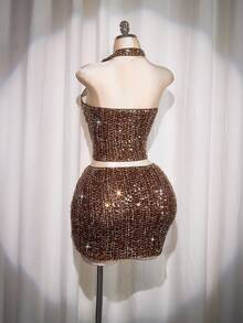 SHEIN ICON Váy ngắn bodycon lấp lánh kim sa cỡ lớn, váy dự tiệc lấp lánh - Màu Đỏ Sâu - Xem 9