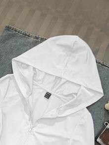 SHEIN EZwear Casual Vintage Printed Pattern White Women's Solid Color Fitted Hoodie T-Shirt, Autumn Graphic - White - View 6