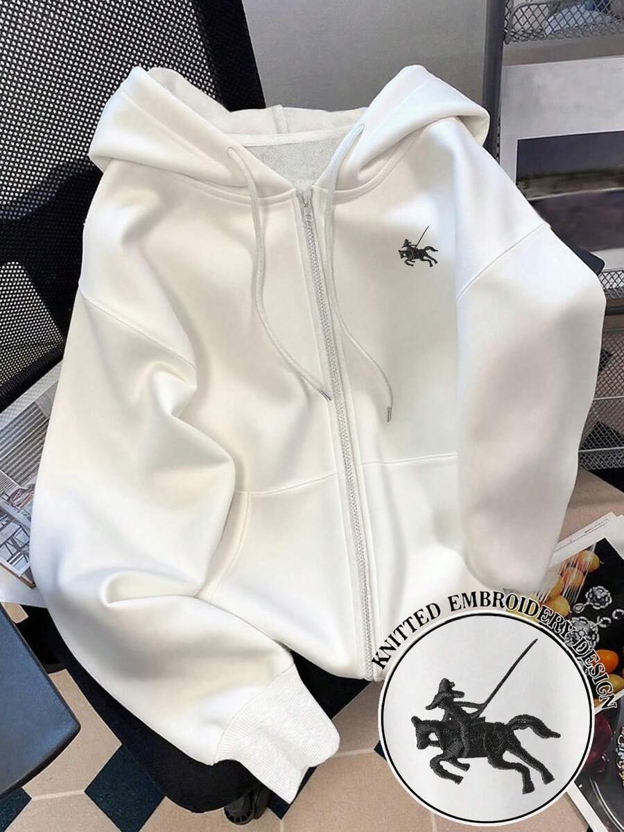 Resyla Women's Hooded Zip-Up Sweatshirt, Centaur Print Pattern, Casual Outerwear For Teachers, Back To School, Graduation, Daily Wear, Winter Jacket, Fashionable And Versatile, Women Hooded Long Sleeve Sweatshirt - White - View 1