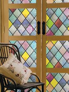 1 Roll Retro Diamond Window Decorative Film, Rainbow Grid Static Cling Privacy Film, Non-Adhesive UV Blocking, For Home Decor, Size 17.7 X 118 Inch - 彩色 - 查看 13