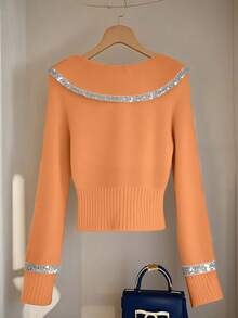 SHEIN Franclia Áo len dệt kim ôm sát tay raglan cổ bẻ thời trang tối giản thanh lịch dành cho nữ - trái cam - Xem 2