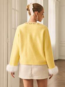 Chiquease 女士圆领时尚装饰开衫，黄色 - 黃色 - 查看 6