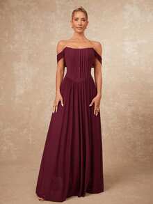 Lumalex Winter Fall Off Shoulder Sheer Flowy Tie-Waist Dress With Metallic Pleated  Luxury Prom Gathering Party Banquet Modest Old Money Coquette Glitter Holiday Party Rave Festival Outing Vacation Hot Outdoor Richly Layered Wedding Season Banquet ID Al-Adha Al-Adha Party New Year Looks Of Party Gala Night Party Dress For Autumn - Rose Red - View 5