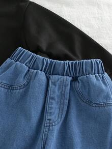 Genkimix Kids 2 件套幼儿男童秋季新款服装，圆领长袖运动衫，仿牛仔效果印花，休闲直筒牛仔裤，时尚百搭街头服饰套装 - 彩色 - 查看 5