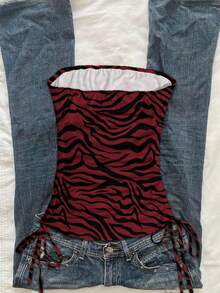 Attitoon Áo hai dây rút họa tiết ngựa vằn đơn giản dành cho nữ, kiểu dáng thời trang, phù hợp cho mùa xuân/hè - Màu Đỏ Sâu - Xem 2