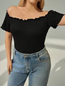 Auralis Plus Size Women's Fashionable Elegant Off Shoulder Frill Trim T-Shirt - Black - View 8