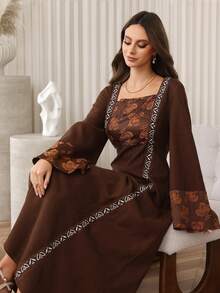 Al Najma Gaun Lengan Panjang Elegan dengan Hiasan Bordir Blok Warna Bertekstur Patchwork dan Aksen Applique di Pinggang, Cokelat Kopi, Musim Gugur/Dingin - Coklat - View 5