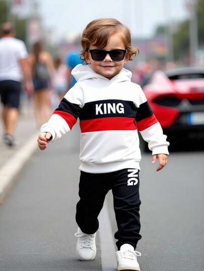 SHEIN Bộ 2 món/Bộ đồ thể thao dạo phố dễ thương, họa tiết sọc KING cho bé trai, thích hợp mặc hàng ngày, đi học, đi chơi, chơi thể thao, mùa xuân và mùa thu, mang đến nhiều lựa chọn phù hợp cho bé trai. Thiết kế tổng thể đơn giản và rộng rãi, thoải mái và thời trang khi mặc. Bộ đồ nỉ này sẽ là một lựa chọn thiết thực và phong cách trong tủ đồ của các bé trai.