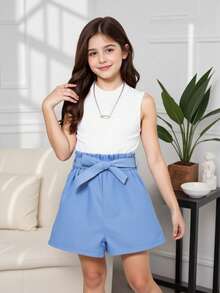 SHEIN Tween Girl Solid Color Vest And Shorts 2pcs/Set
