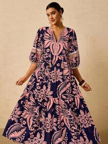 Travachic Váy maxi in họa tiết cây nhiệt đới màu hồng và xanh lá cây cỡ lớn dành cho nữ, váy dài tay rộng rãi, cổ chữ V, thắt nơ, đầu thu - Màu xanh hải quân - Xem 4