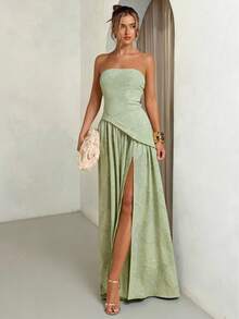 SHEIN BAE 鼠尾草绿、开心果绿、浅绿色纹理提花高开衩连衣裙、优雅长裙、早午餐裙、婚礼宾客服装、鸡尾酒会礼服 - 綠色 - 查看 6