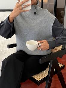 Livesso Women's Loose Business Casual Stylish Street Color Block Patchwork Twist Collar Knit Sweater, Autumn/Winter