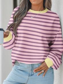 EMERY ROSE Sudadera de manga larga con estampado gráfico a rayas rosa y amarillo para mujer talla grande, adecuada para otoño/invierno - Multicolor - Ver 4