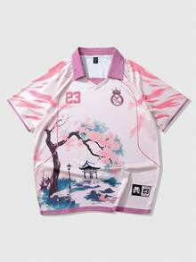 ROMWE MEN Prep Áo thun Polo nam, Áo thun Polo tay ngắn in họa tiết hoa anh đào và chữ tiếng Anh thể thao thường ngày - Hồng - Xem 5