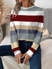 SHEIN LUNE Women's Contrast Color Casual Round Neck Long Sleeve T-Shirt - Multicolor - View 3