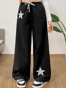 SHEIN 青少年女孩黑色星星贴片撞色抽绳编织休闲风裤，街头运动百搭长裤 - 黑色 - 查看 4