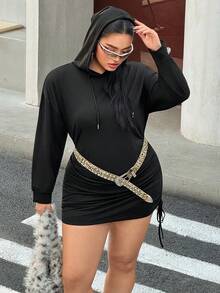 SHEIN EZwear Plus Drawstring Side Hoodie Dress Graduation,Back To School Outfits,Graduation,Teacher Outfits For Women,Back To School Winter Fall Autumn - Black - View 5