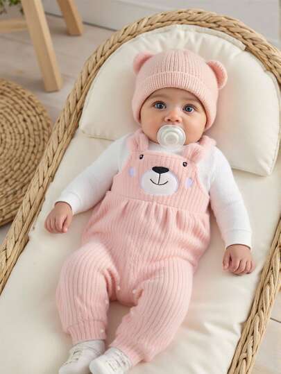 SHEIN 0-9M Neonata Tutina in peluche rosa carino, con maniche lunghe, ricamo a motivo orsetto, design orecchie 3D, tuta intera rosa feluche con maniche lunghe per neonata, autunno/inverno