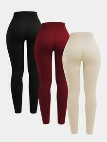 SHEIN 3 paquetes de leggings sin costuras acanalados para niñas preadolescentes - Pantalones de yoga de control de barriga de cintura alta sin transparencia para entrenamiento, atletismo, running, ciclismo, yoga, pickleball, ejercicio y uso casual - Multicolor - Ver 2