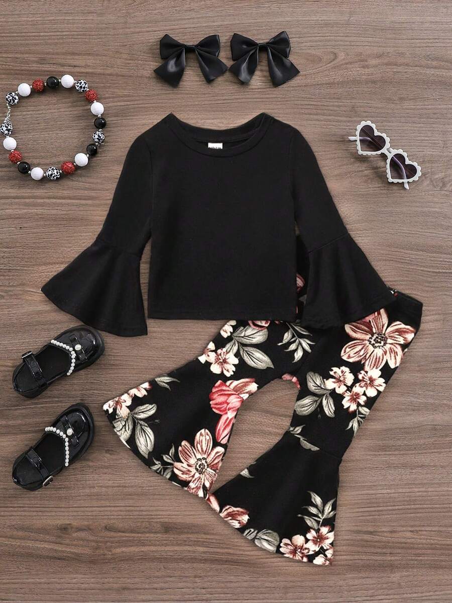 SHEIN Baby Girl Bell Sleeve Long Sleeve Top With Flared Floral Pants 2 Pieces Set Black Baby Girls Sets Baby Bell Bottom Outfit Flower Two Piece Set Toddler Girls Outfit Sets 12 Baby Clothes Girl Flounce Sleeve Toddler Girl Clothes Blackcozy Fall & Winter Styles