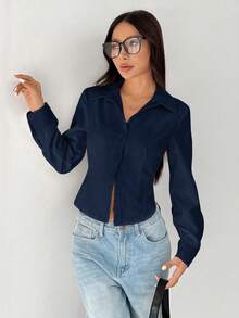 SHEIN PETITE 女士纯色长袖修身前开襟休闲衬衫 - 藏蓝色 - 查看 3